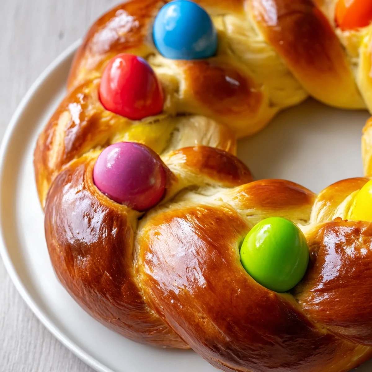 Golden braided Easter Bread with colored eggs nestled in the strands, brushed with egg wash for a shiny, festive finish.
