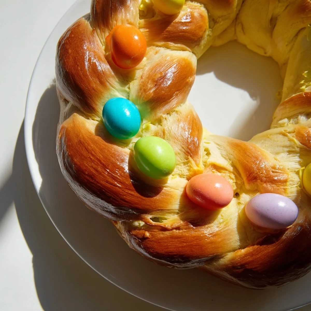 Warm slice of Easter bread showing golden crust and tender interior, with colorful eggs on the braided loaf.