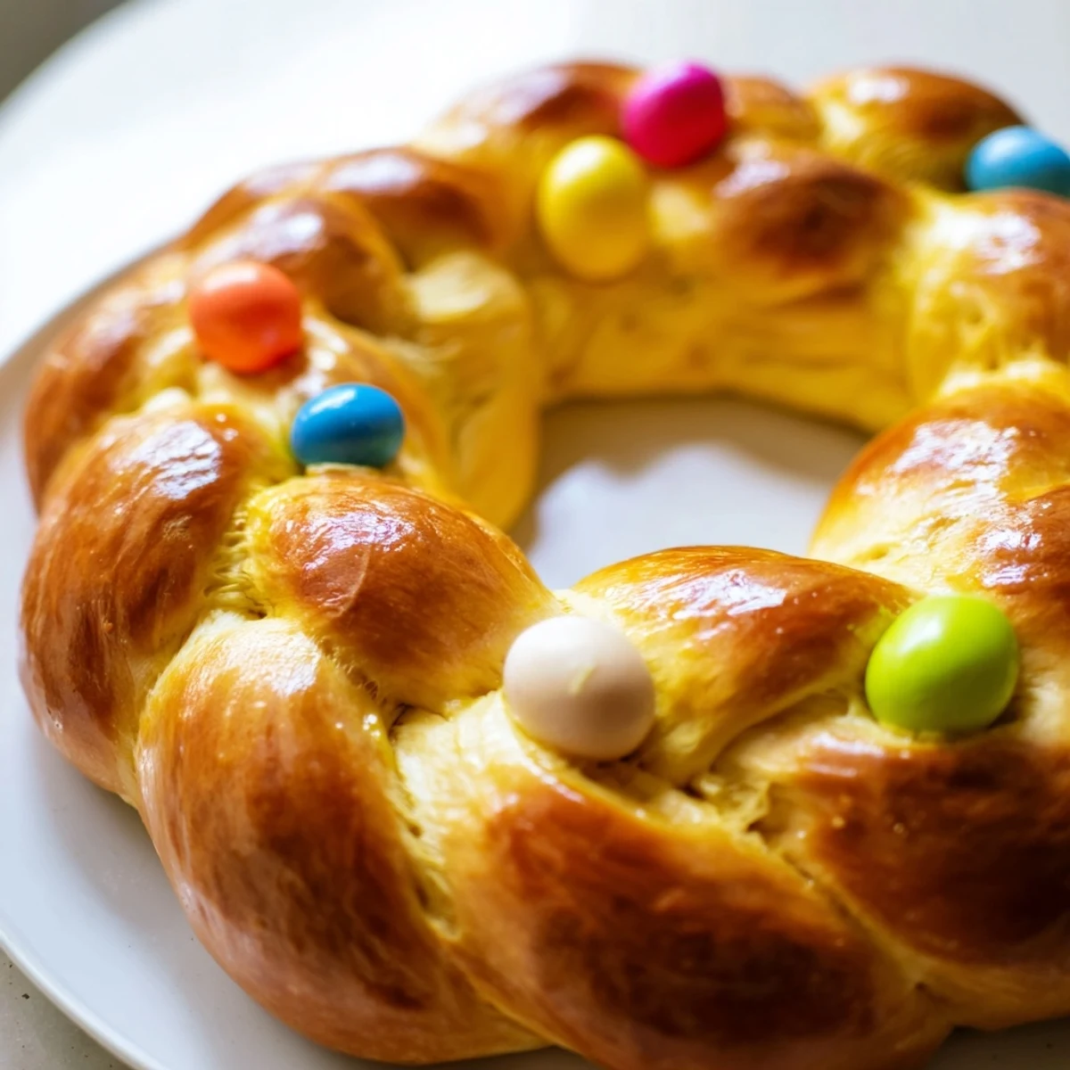 Freshly baked sweet Easter bread, featuring vibrant dyed eggs and a light crumb, perfect for a spring holiday table.
