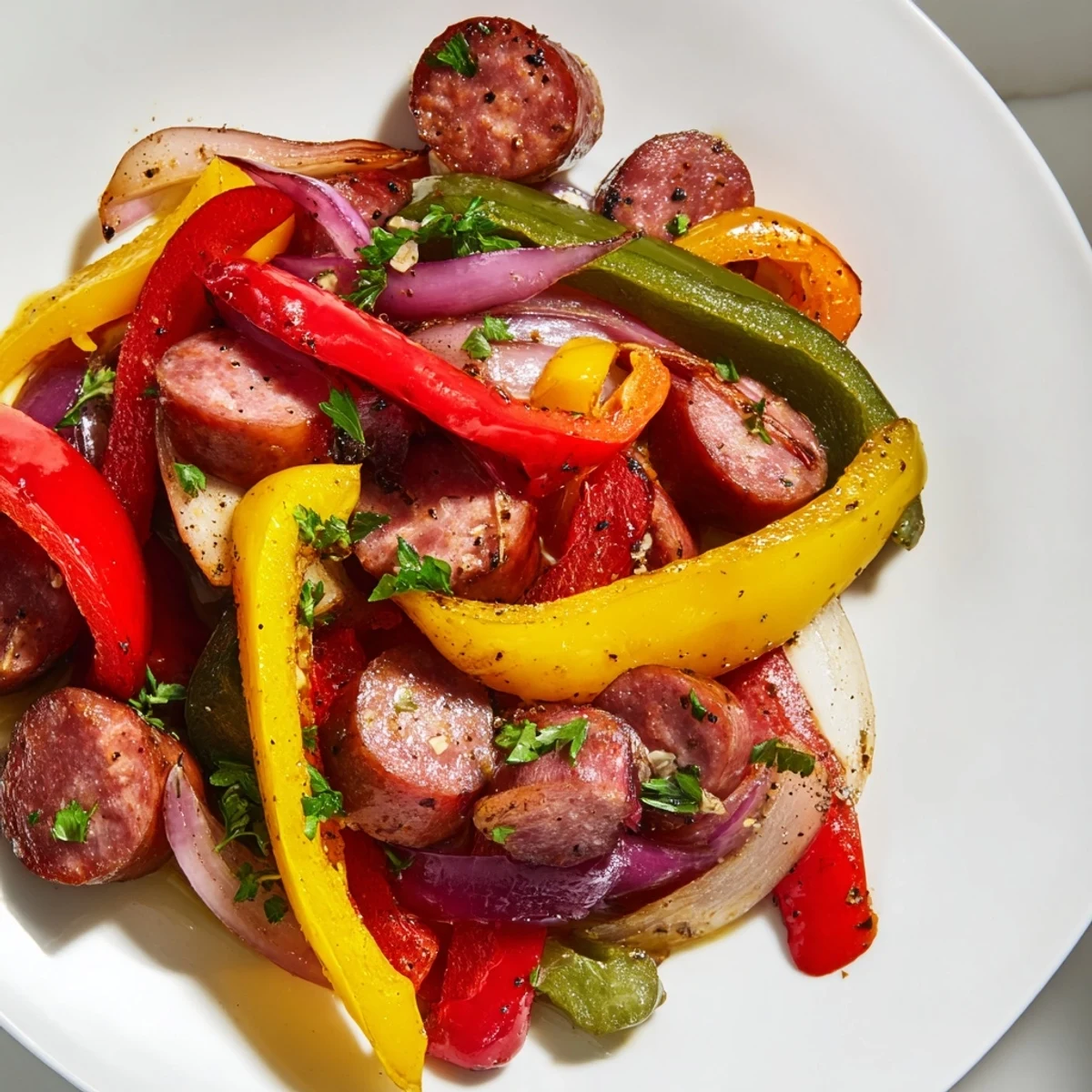 Sizzling Beef Sausage and Pepper Skillet with colorful bell peppers and onions, a perfect weeknight dinner served hot from the pan.