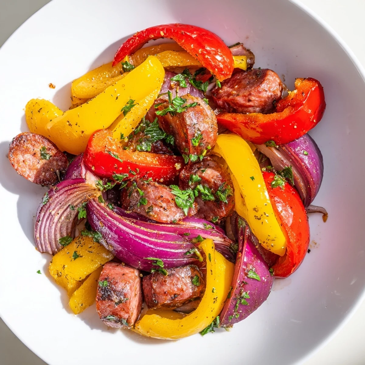 Beef Sausage and Pepper Skillet in a cast iron pan, ready to serve over rice or with crusty bread, steam rising from the skillet.