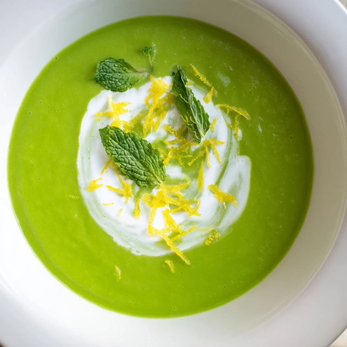 Bright green Spring Pea Soup with Mint and Crème Fraîche garnished with fresh mint leaves in a white bowl.