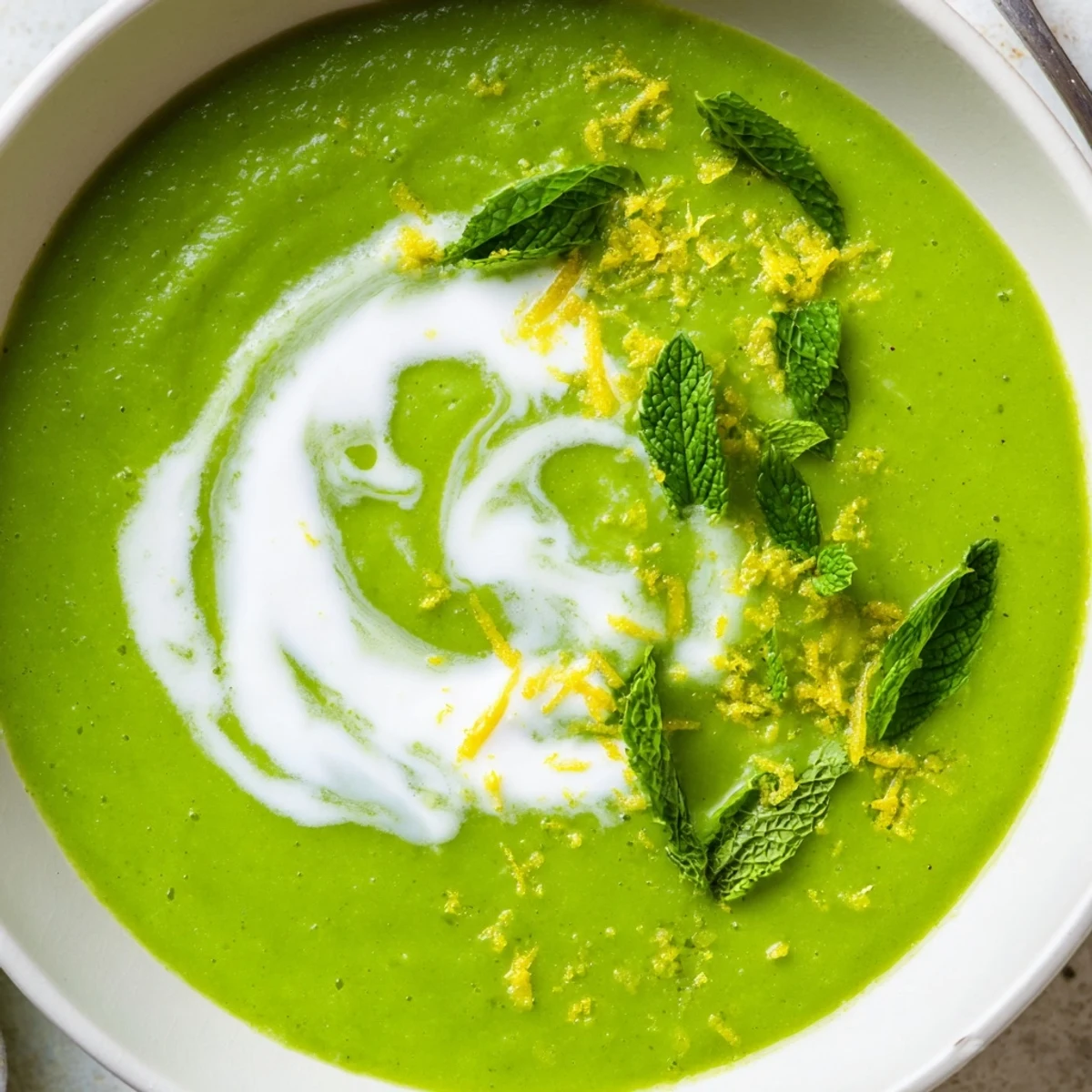 A bowl of Spring Pea Soup with Mint and Crème Fraîche next to crusty bread for dipping.