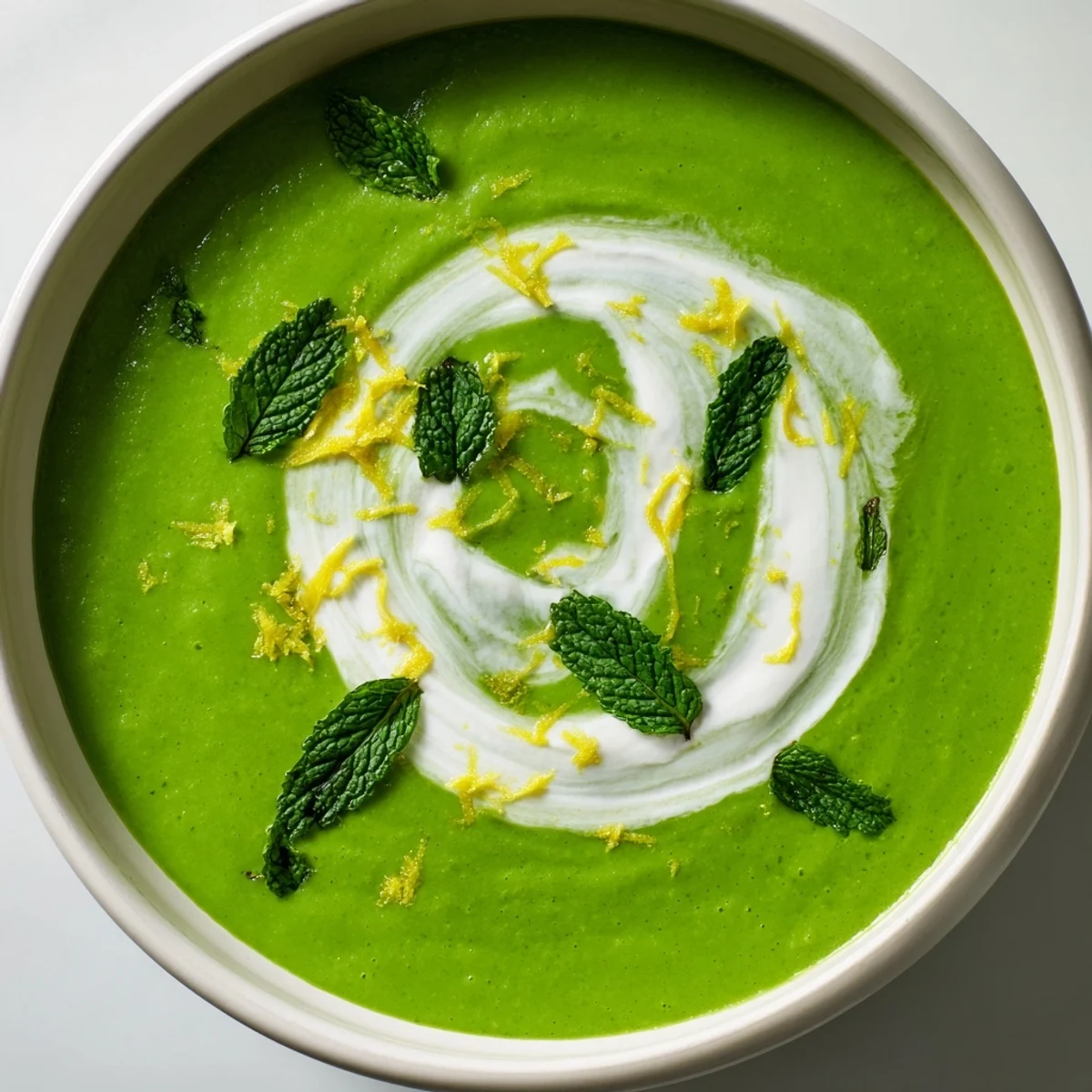 Vibrant Spring Pea Soup with Mint and Crème Fraîche swirled in a rustic soup bowl for lunch.