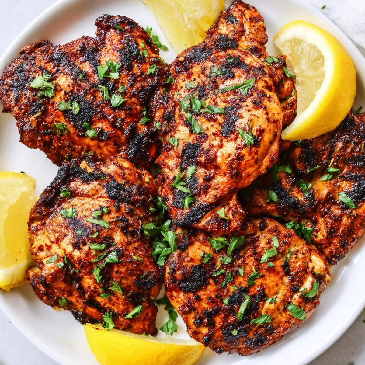 Juicy Cajun Spiced Grilled Chicken Thighs glisten with char marks, garnished with fresh parsley and lemon wedges.