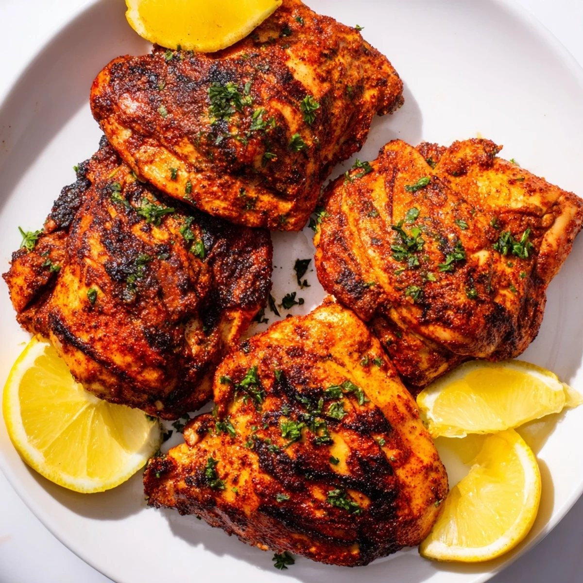 Overhead view of Cajun Spiced Grilled Chicken Thighs plated with corn and a crisp green salad.