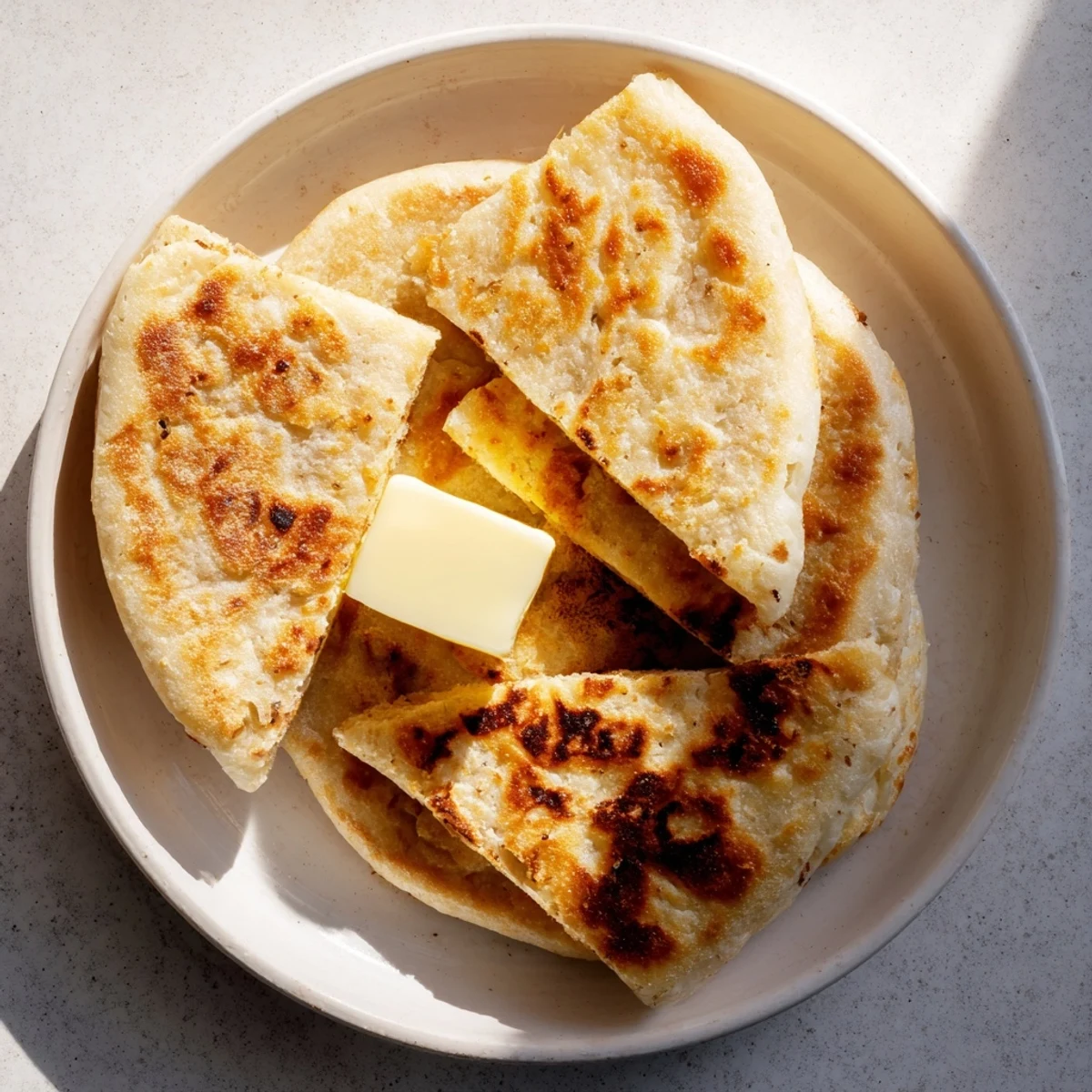 Stack of warm Irish potato bread farls served with butter and chives, perfect for breakfast or alongside a hearty meal.