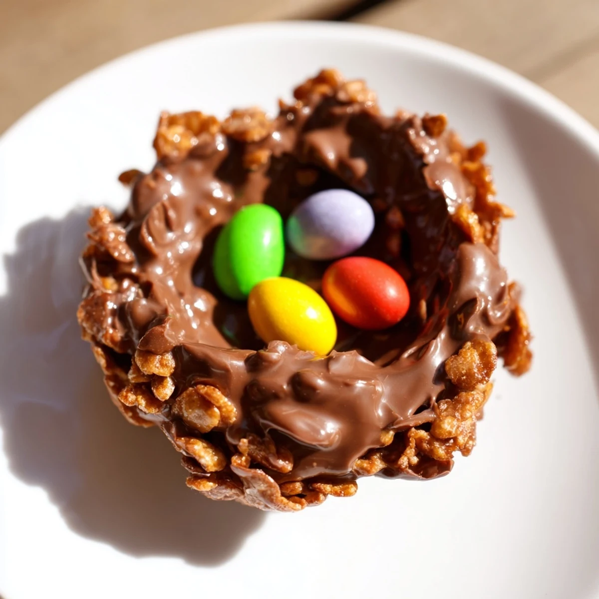 These Chocolate Easter Egg Nests feature crispy cornflakes coated in rich chocolate, holding colorful candy eggs in a delightful no-bake treat.  