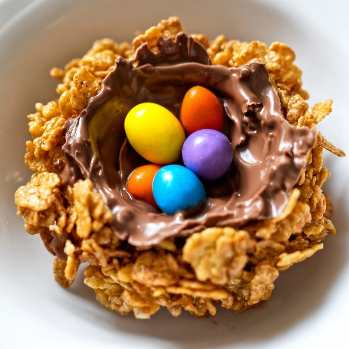 Chocolate Easter Egg Nests sit in white cupcake liners, topped with vibrant candy eggs, offering an easy and fun dessert for families.