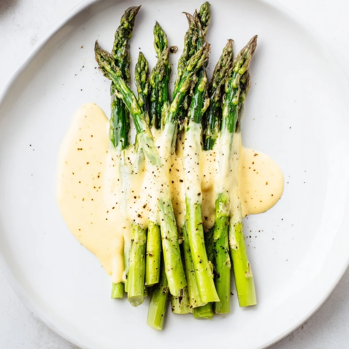 Tender roasted asparagus spears glistening with olive oil, topped with a rich, creamy homemade Hollandaise sauce.