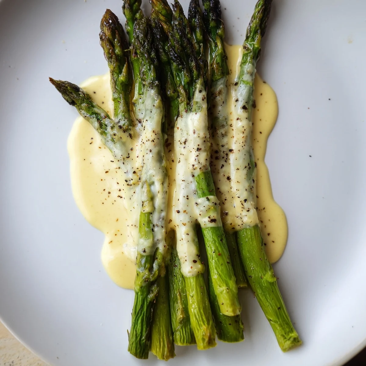 Roasted asparagus drizzled with velvety Hollandaise, a classic French side perfect for special occasions.