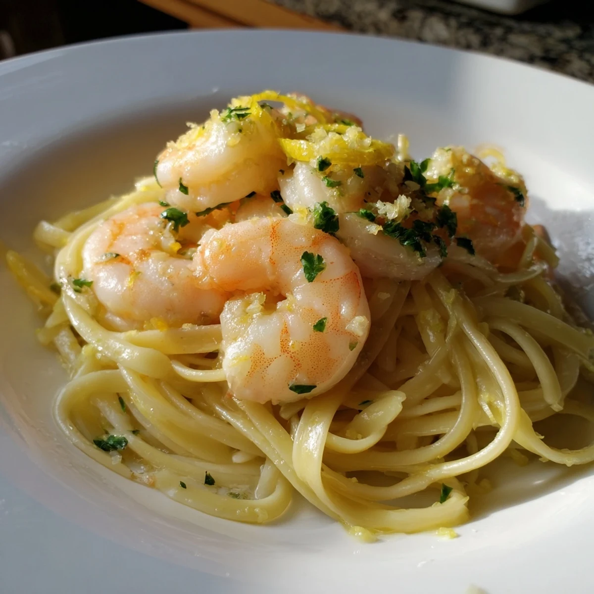 Golden brown shrimp glistening with lemon garlic butter sauce tangled in al dente spaghetti, ready to serve with fresh parsley garnish.