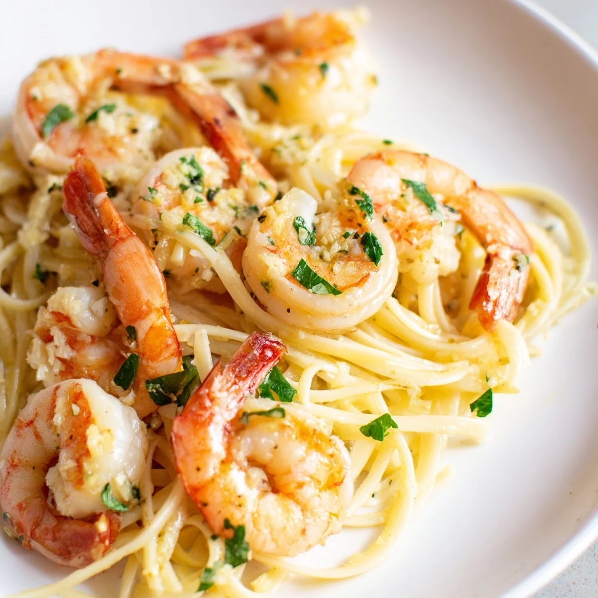 Close-up of succulent shrimp in a vibrant lemon garlic butter sauce tossed with linguine and garnished with lemon wedges.