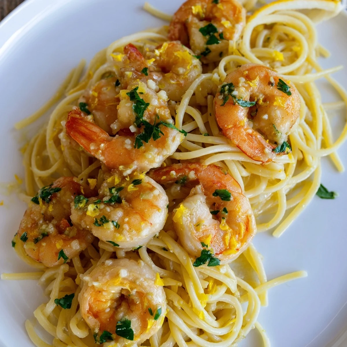 A steaming skillet of Lemon Garlic Butter Shrimp with Pasta, garnished with parsley and Parmesan, perfect for a quick dinner.
