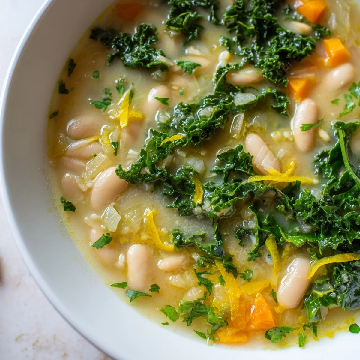 Creamy white beans and tender kale simmer in a flavorful broth, garnished with fresh lemon zest.
