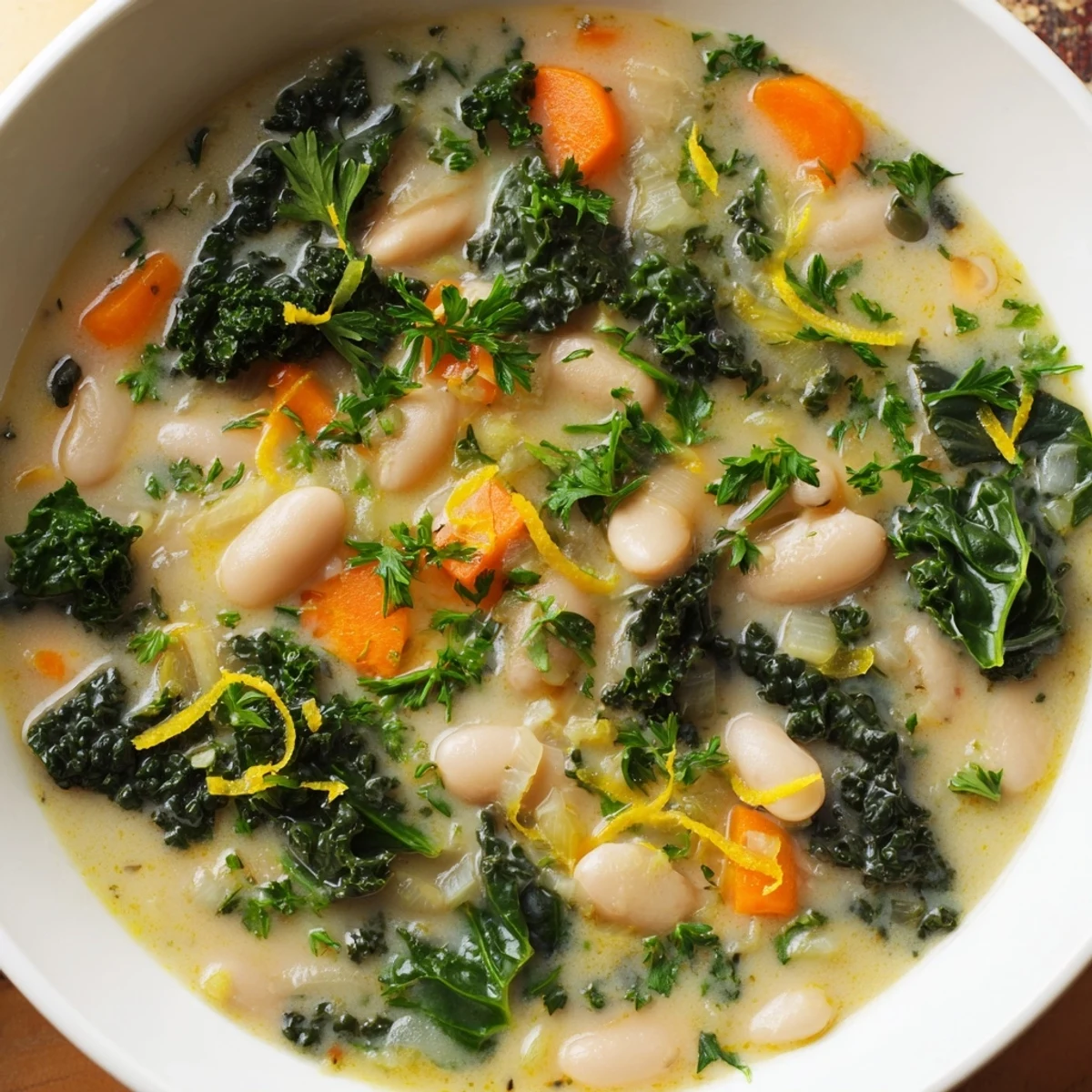 A bowl of White Bean and Kale Soup with Lemon Zest served with crusty bread.