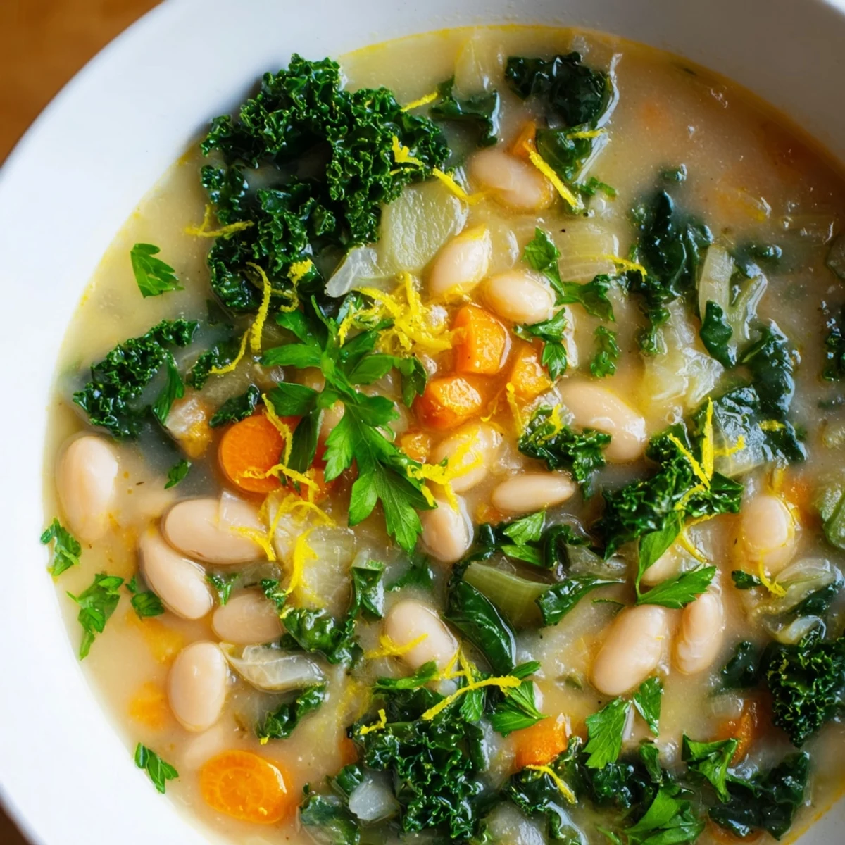 White Bean and Kale Soup with Lemon Zest ladled into a rustic bowl, steam rising gently.