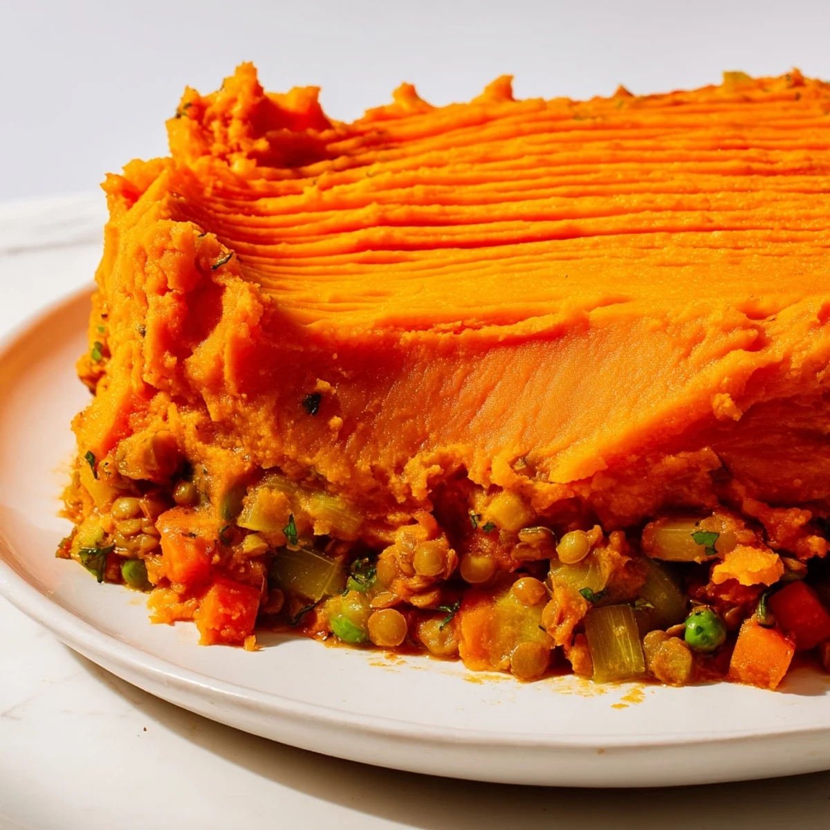 The finished Vegan Lentil and Sweet Potato Shepherds Pie features a golden, fork-marked mash topping resting over a rich, savory lentil filling with visible peas and diced carrots.