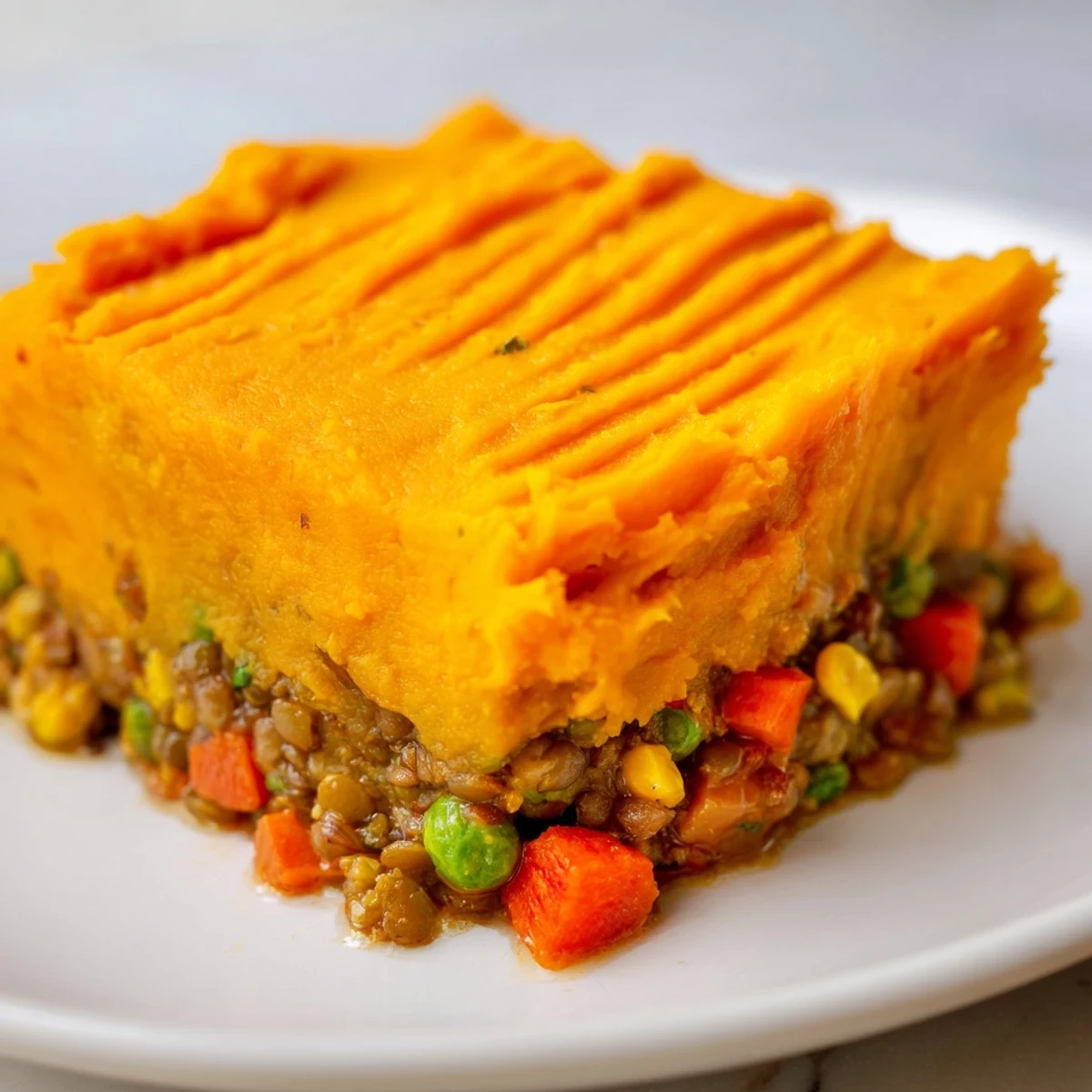 A close-up of a generous slice of Vegan Lentil and Sweet Potato Shepherds Pie reveals the creamy orange sweet potato interior and a hearty, chunky vegetable and lentil base.
