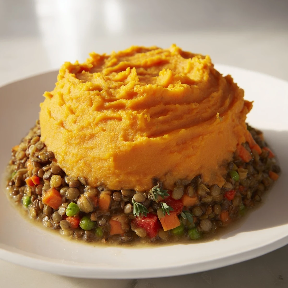 A rustic ceramic dish of Vegan Lentil and Sweet Potato Shepherds Pie is served hot from the oven, steam rising from the caramelized top, alongside a fresh green salad.