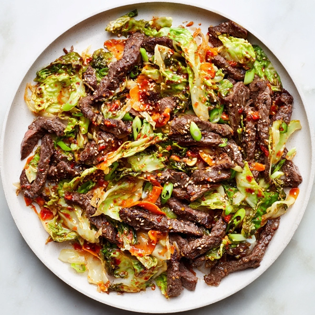 Tender beef strips and crisp cabbage in Keto Friendly Beef and Cabbage Stir Fry, sizzling in a hot wok with garlic and ginger aromas.