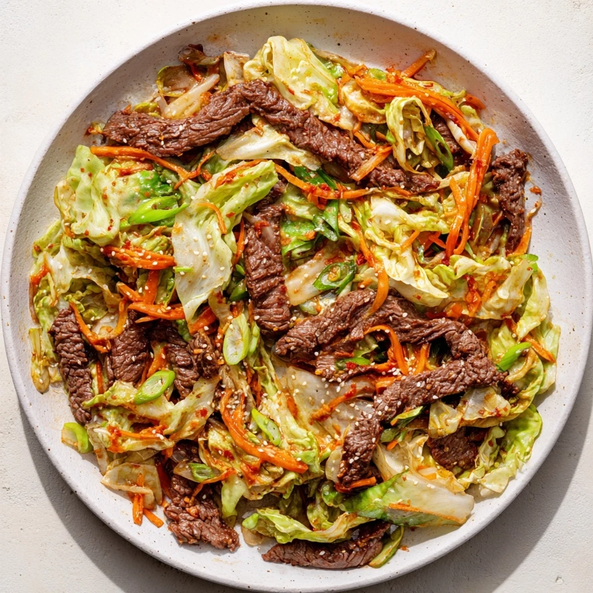 Glossy, saucy Keto Friendly Beef and Cabbage Stir Fry featuring julienned carrots and fresh ginger, perfect for a quick weeknight dinner.