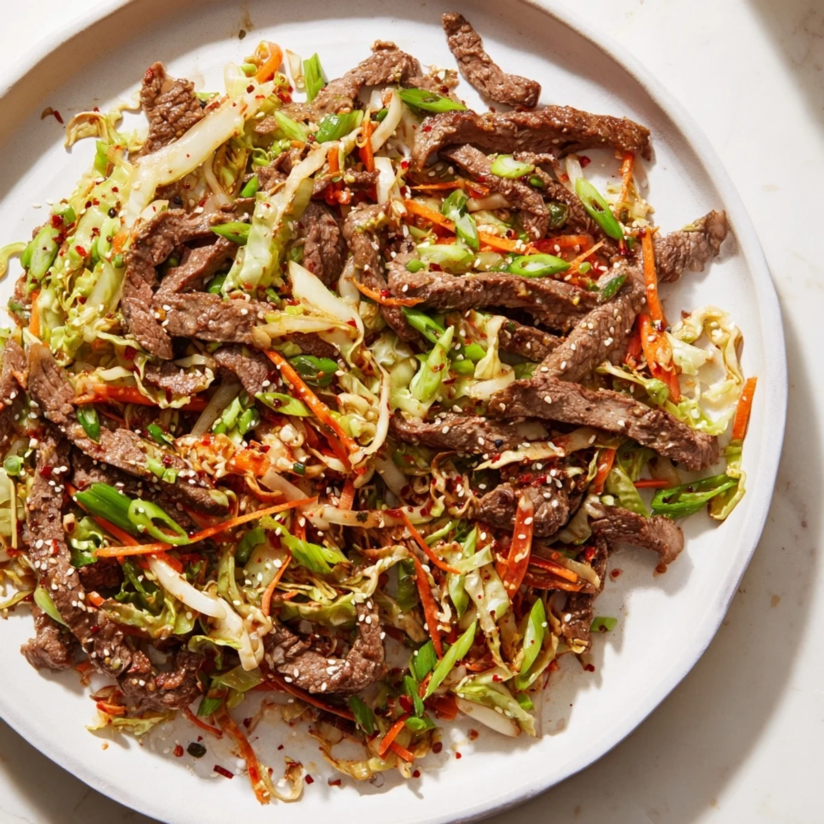 Savory Keto Friendly Beef and Cabbage Stir Fry plated with green onions, ready to serve alongside steamed cauliflower rice for a satisfying low-carb meal.