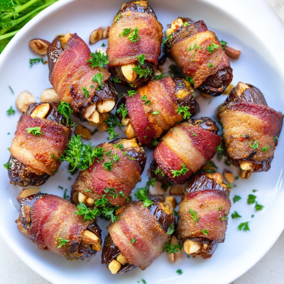 Golden, crispy beef bacon wrapped dates from the air fryer are perfectly browned and stacked on a white plate.