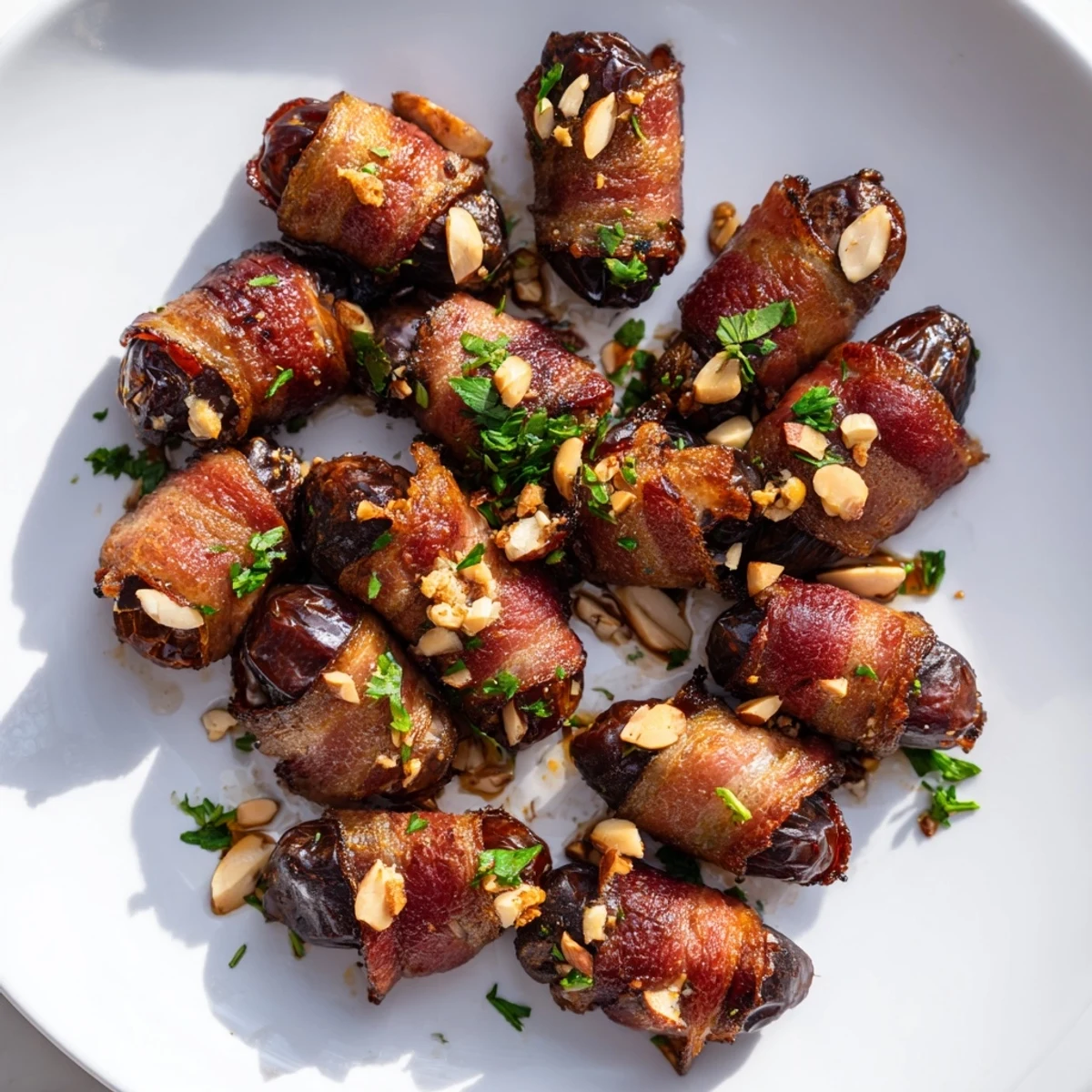 Air fryer crispy beef bacon wrapped dates glisten with honey and parsley, ready to serve warm at a party.