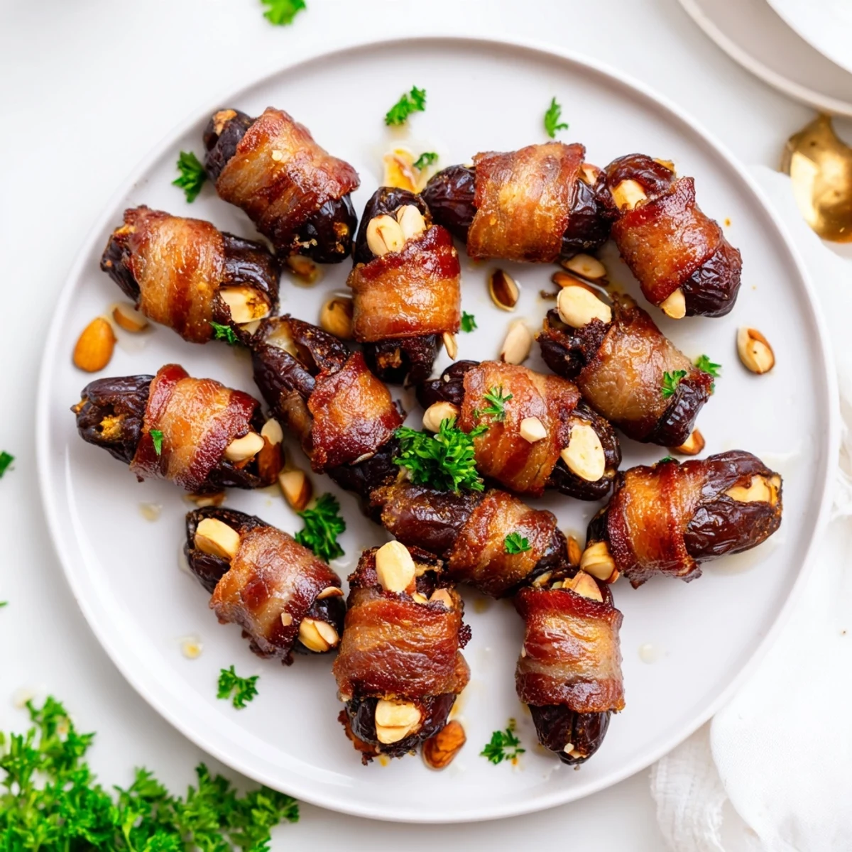 Platter of golden air fryer crispy beef bacon wrapped dates, filled with almonds, arranged for an easy appetizer spread.