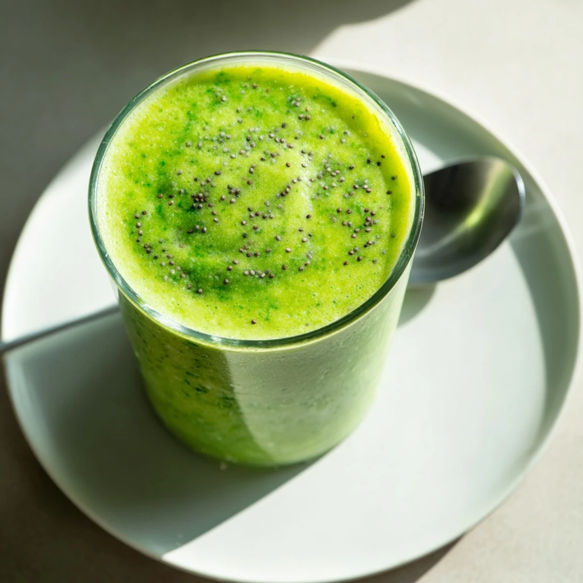 A tall glass of Detox Green Smoothie with Spinach and Ginger filled with tropical fruit and ice cubes, garnished with a fresh spinach leaf.