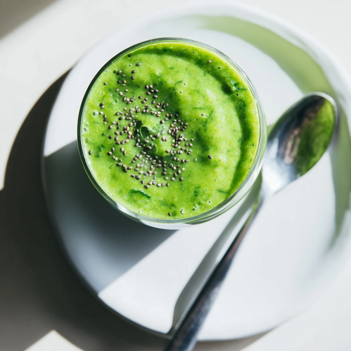 A close-up of a Detox Green Smoothie with Spinach and Ginger topped with chia seeds, served next to a whole banana and ginger root.