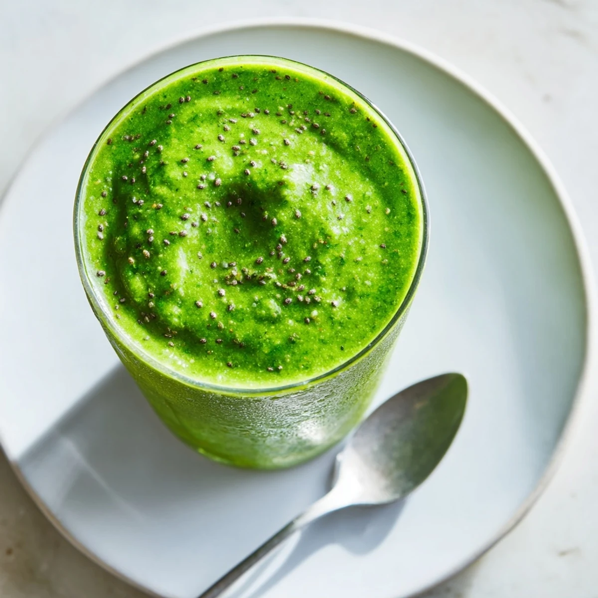 A freshly blended Detox Green Smoothie with Spinach and Ginger featuring vibrant green color and creamy texture in a mason jar with a straw.