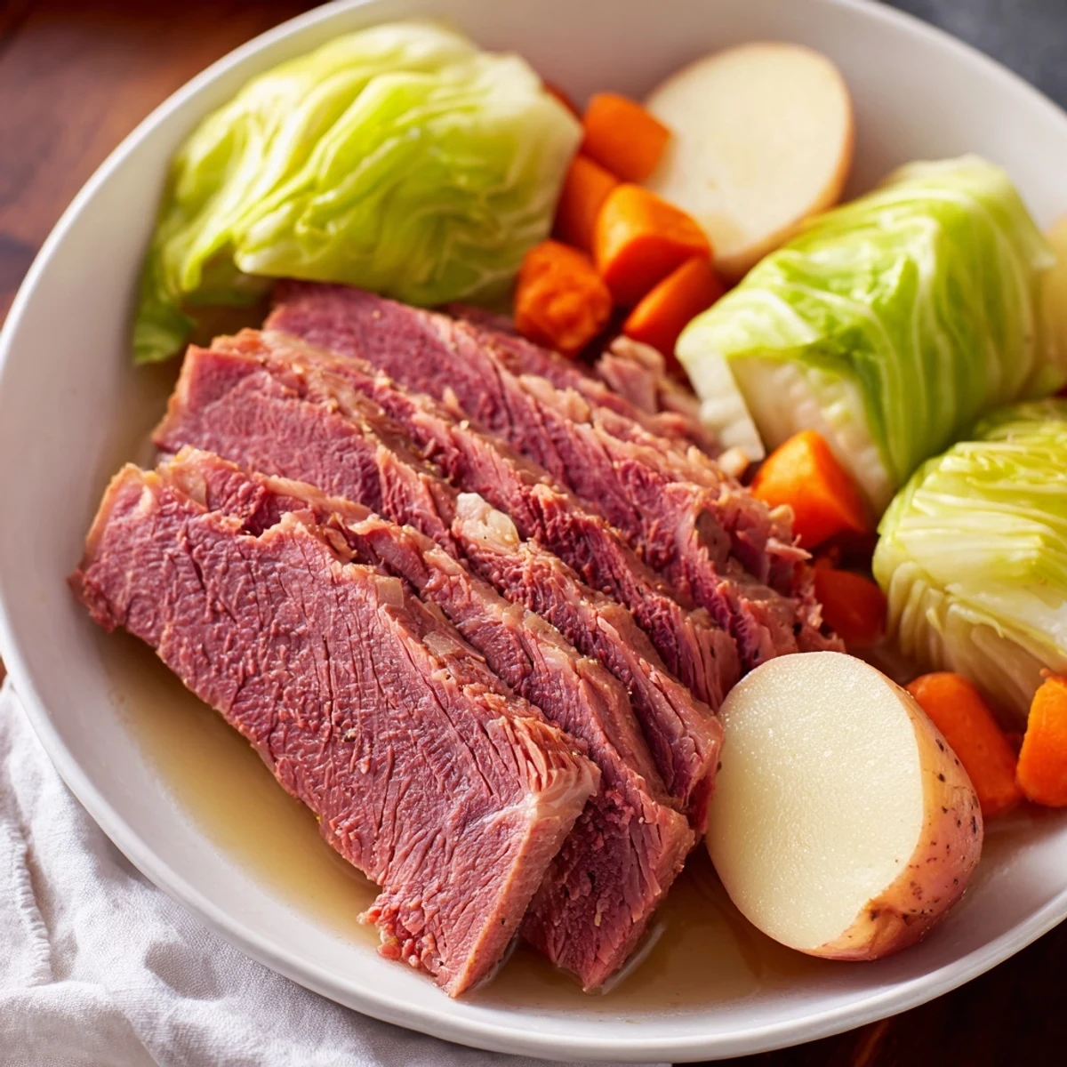 Tender corned beef brisket with cabbage and potatoes simmering in a savory broth, ready to serve as a hearty family meal.