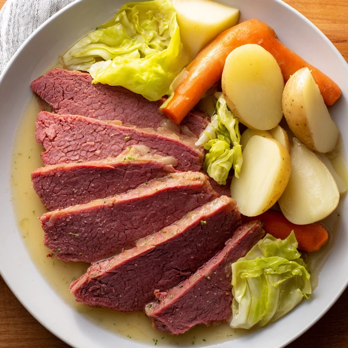 Sliced corned beef brisket with cabbage and potatoes arranged on a platter, garnished with fresh herbs and served with crusty bread.