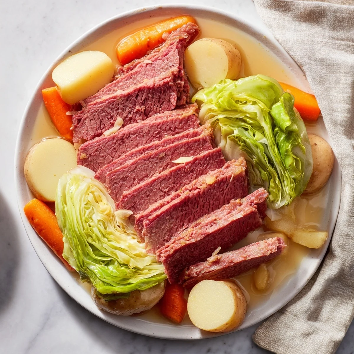 Golden corned beef brisket with cabbage and potatoes cooked to perfection, featuring tender meat and vibrant vegetables in a rustic setting.