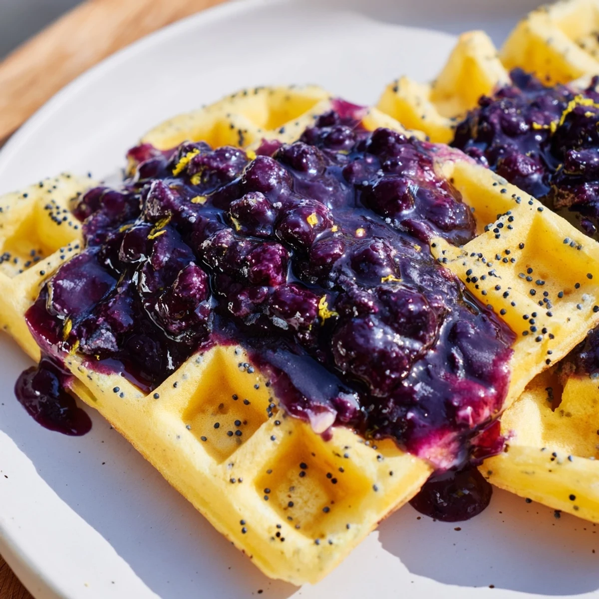 Crisp golden Lemon Poppy Seed Waffles topped with warm blueberry syrup and fresh berries.