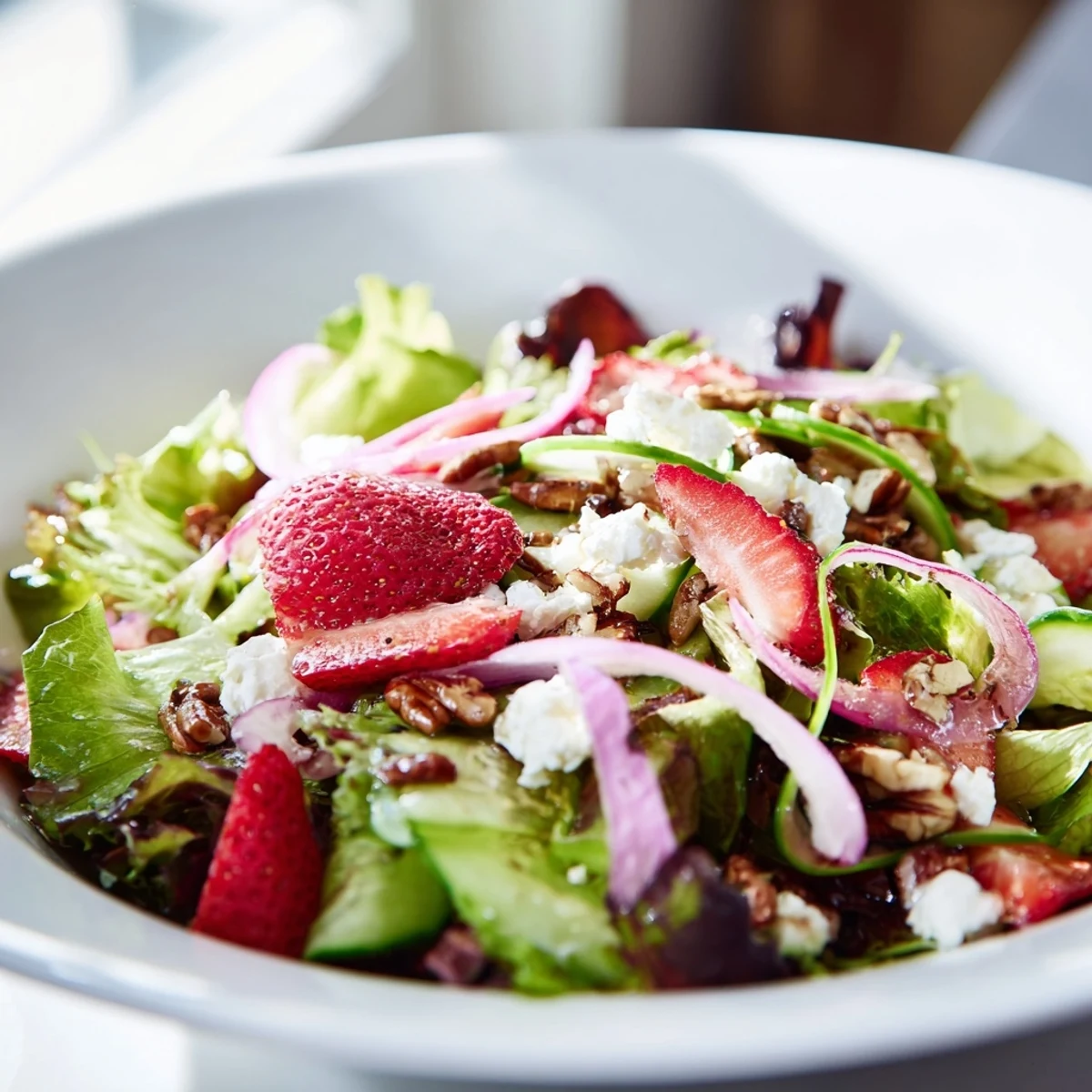 A close-up of Spring Mix Salad with Strawberries and Feta showing vibrant greens, red berries, and creamy cheese topped with tangy balsamic vinaigrette.