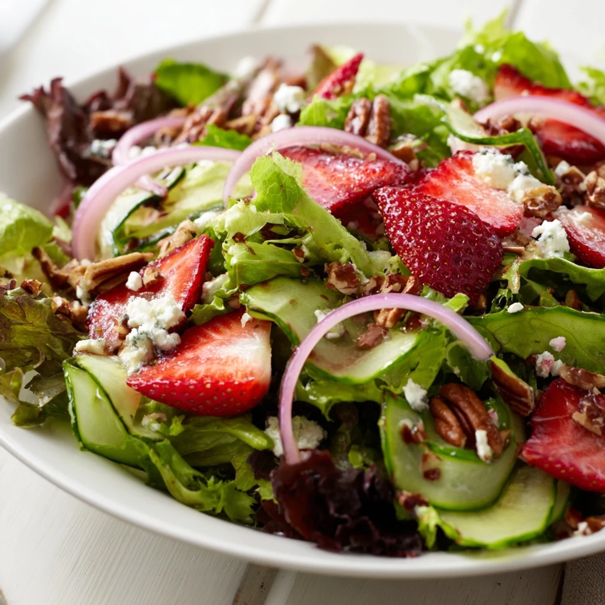 Spring Mix Salad with Strawberries and Feta tossed with crisp greens, sweet berries, crunchy pecans, and a honey-balsamic dressing, ready to serve on a plate.