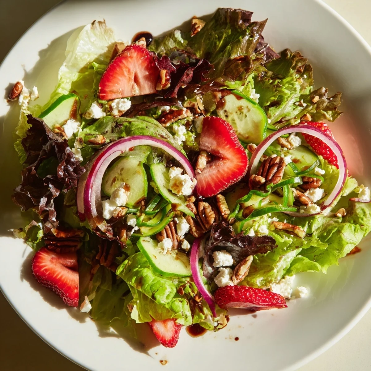 Fresh Spring Mix Salad with Strawberries and Feta featuring tender leaves, sliced strawberries, crumbled cheese, and red onion, paired with toasted nuts for texture.