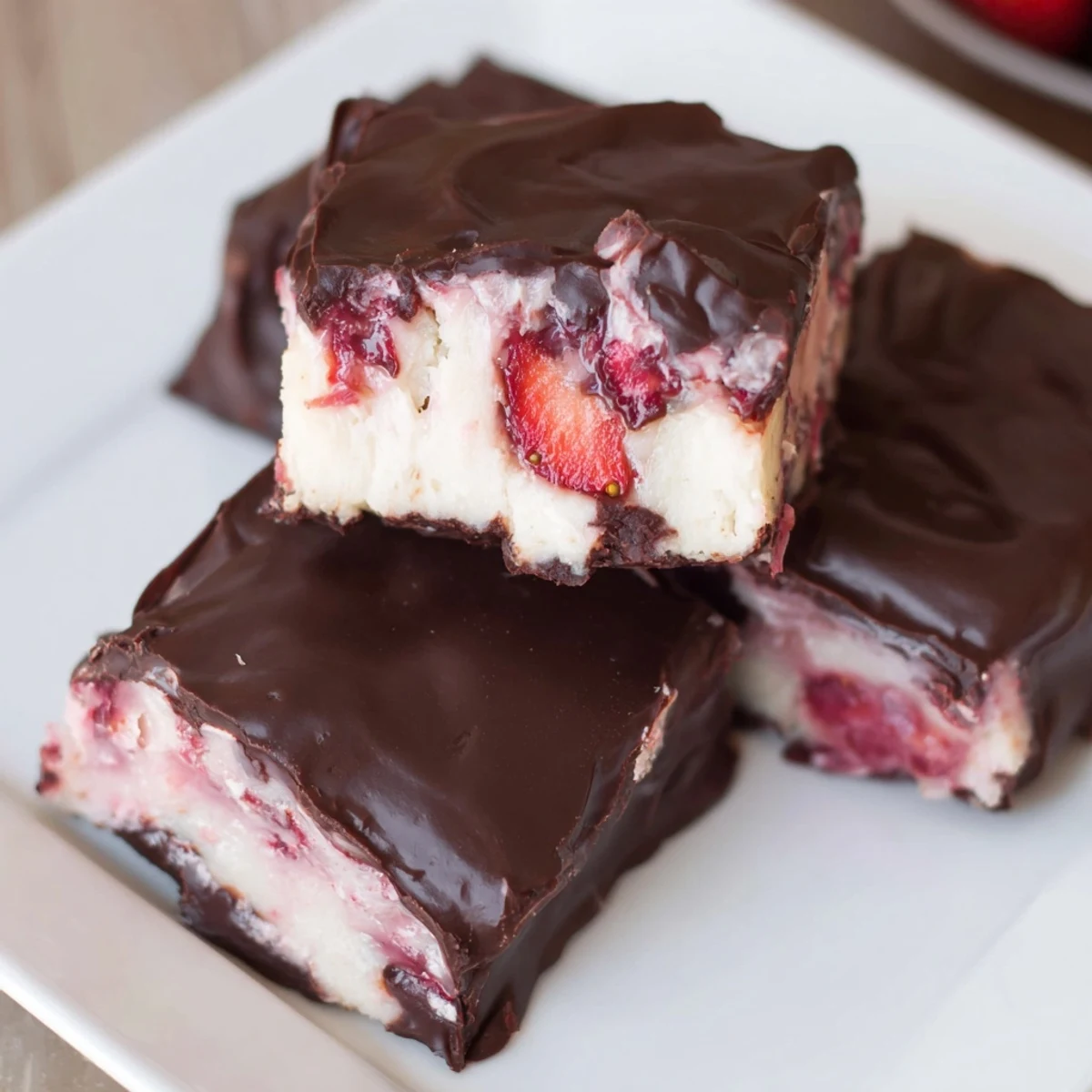 Creamy Chocolate Covered Strawberry Cheesecake Bars with a rich chocolate coating and fresh strawberry swirls.