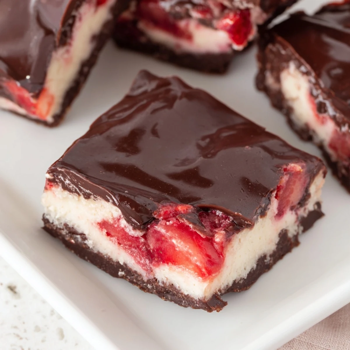 Chocolate Covered Strawberry Cheesecake Bars sliced on a white plate, showing the graham cracker crust.