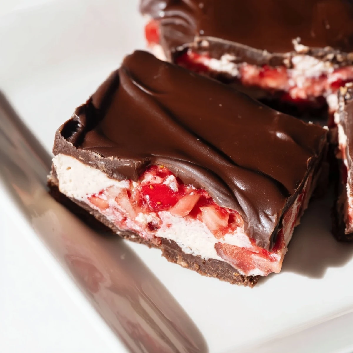 Chocolate Covered Strawberry Cheesecake Bars served chilled as an indulgent dessert for a party or gathering.