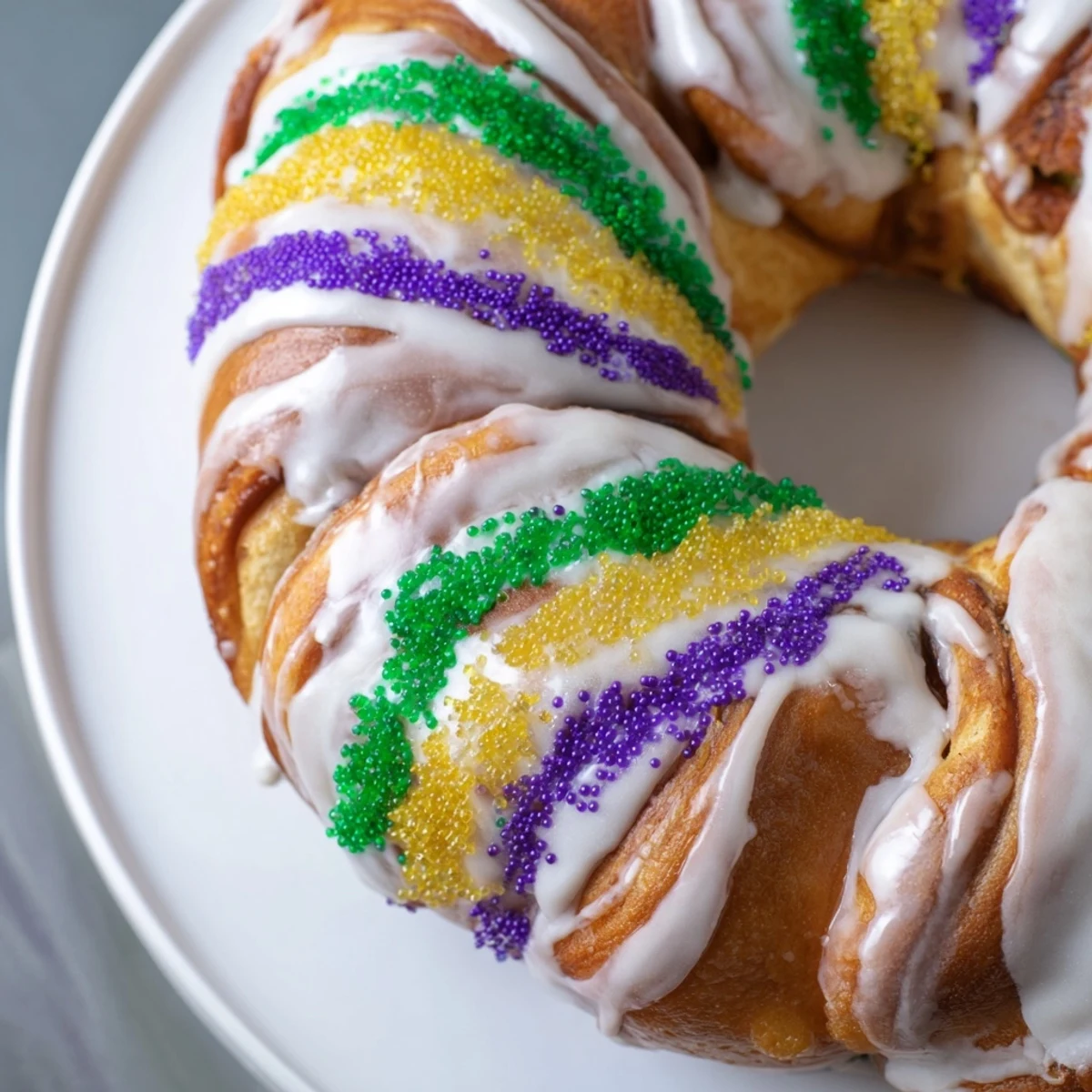 A freshly baked Mardi Gras King Cake with cream cheese filling, topped with purple, green, and gold sprinkles on a festive table.