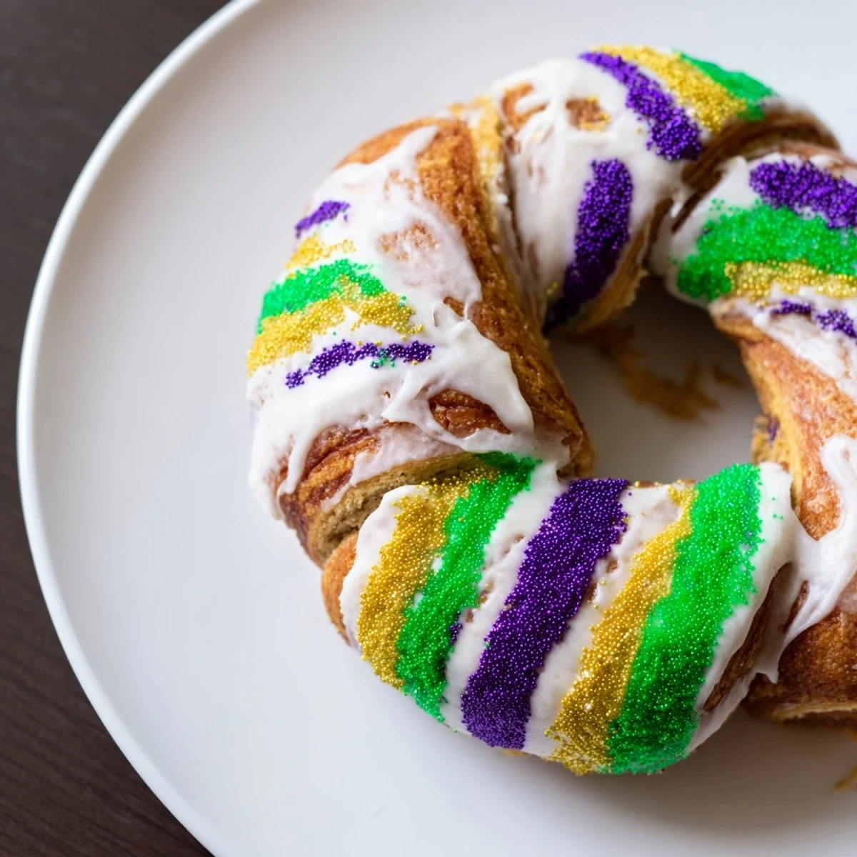 A festive Mardi Gras King Cake with cream cheese filling is sliced to reveal the creamy interior on a wooden board.