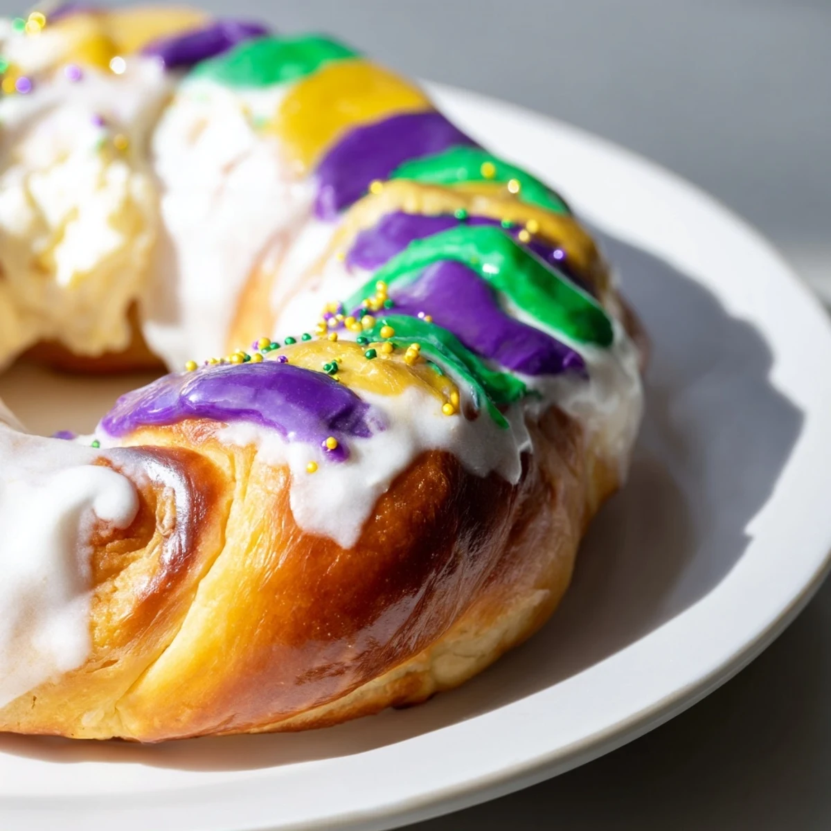 A colorful Mardi Gras King Cake with cream cheese filling is drizzled with icing and served with coffee on a plate.
