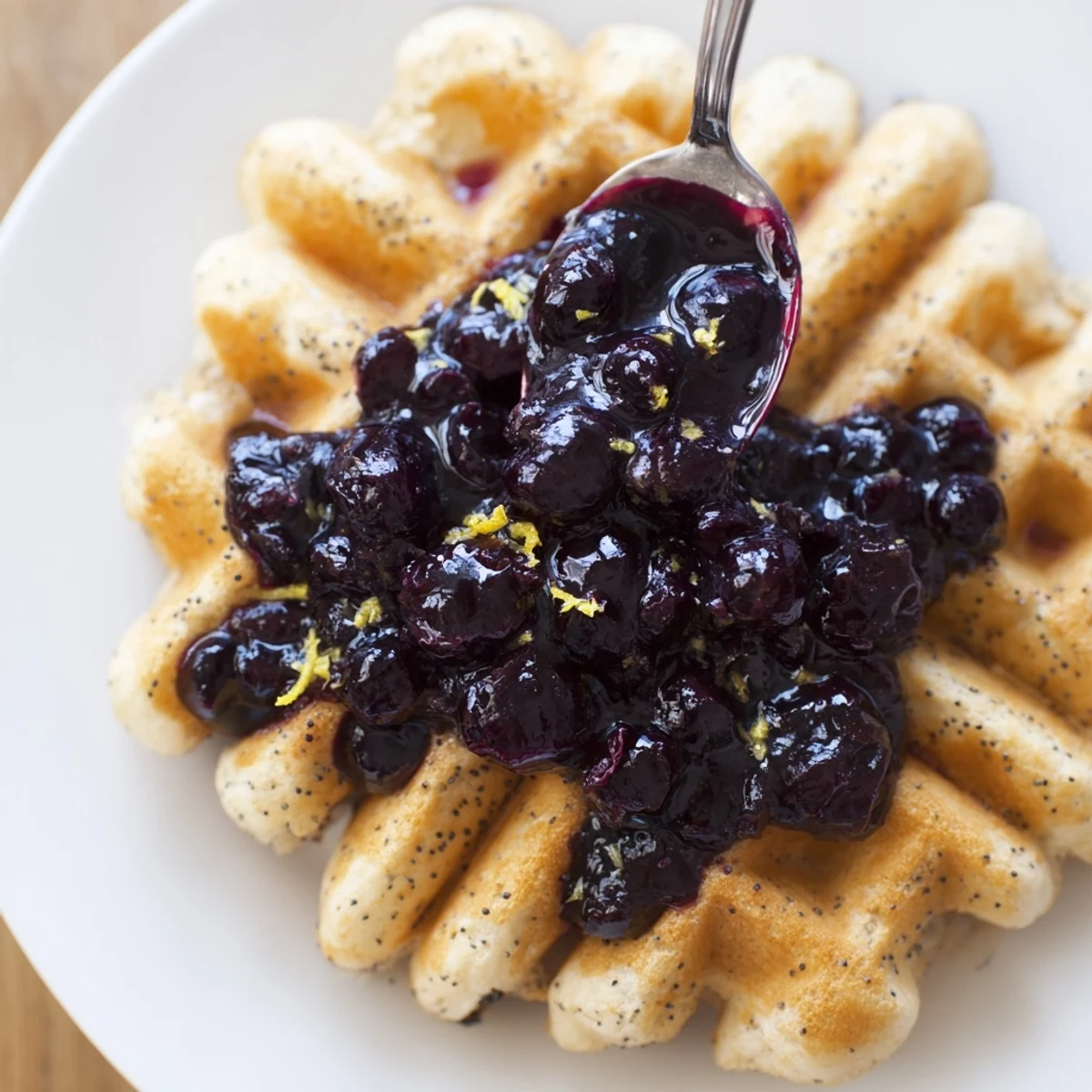 Homemade Lemon Poppy Seed Waffles with Blueberry Compote served with creamy Greek yogurt and a dusting of powdered sugar.