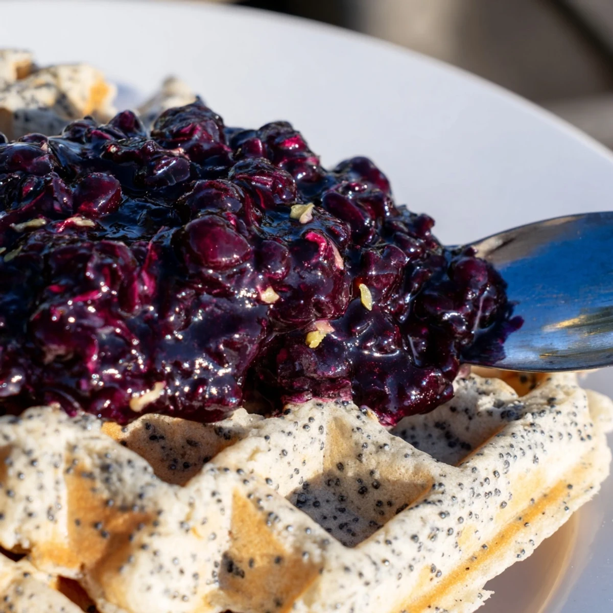 Freshly made Lemon Poppy Seed Waffles with Blueberry Compote on a plate beside a pitcher of maple syrup.