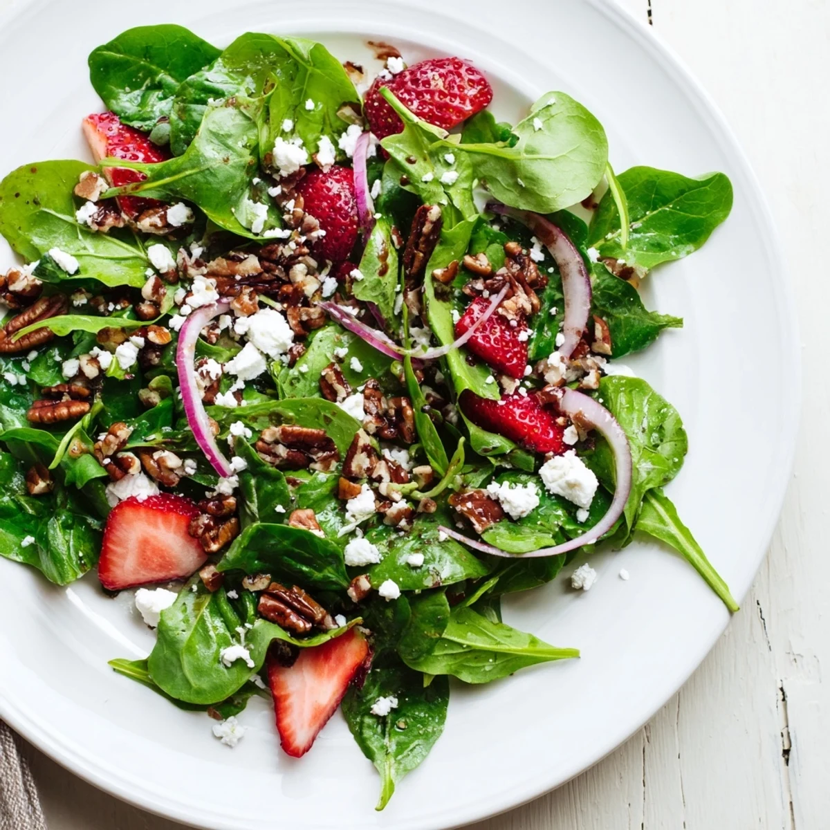 Vibrant Spring Greens Salad with Strawberries and Goat Cheese served in a white bowl with glistening balsamic vinaigrette.