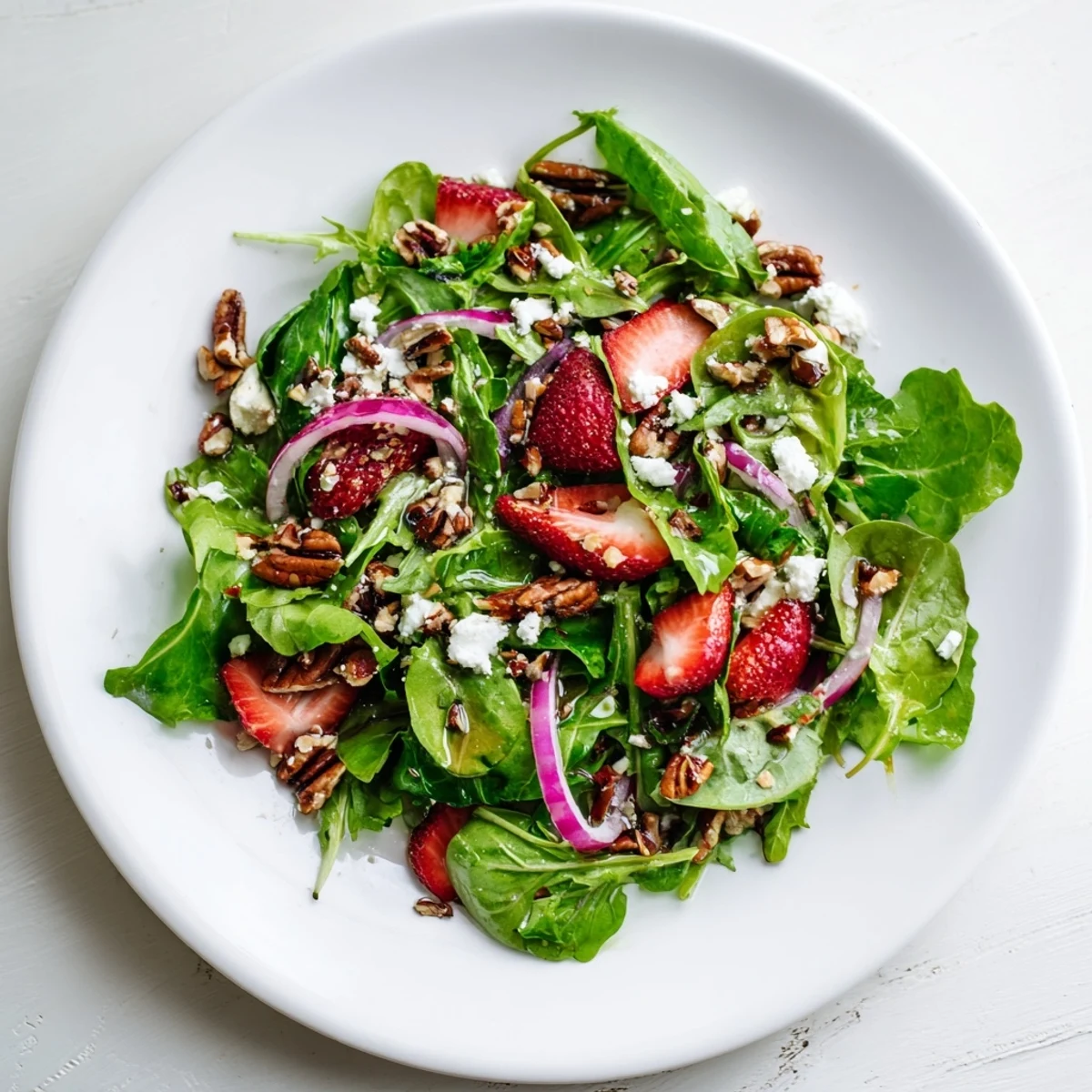 Colorful Spring Greens Salad with Strawberries and Goat Cheese beside a glass of chilled rosé wine, ready for a sunny lunch.